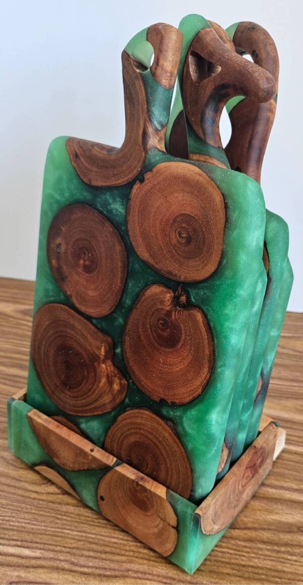 Chilean Mesquite and Epoxy Mini Charcuterie Board Set of 4 w/holder